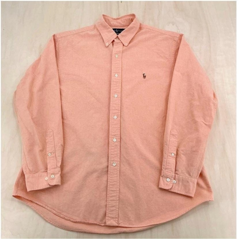 Vintage Ralph Lauren Dress Shirt Mens 17.5 34 Salmon Heavy Oxford Custom Fit 90s